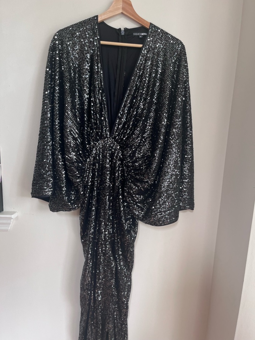 Black Sequin Draped Evening Gown